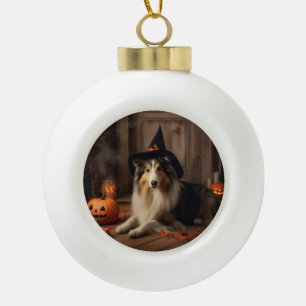 Shetland Sheepdog Pumpkins Halloween Scary Ceramic Ball Christmas Ornament