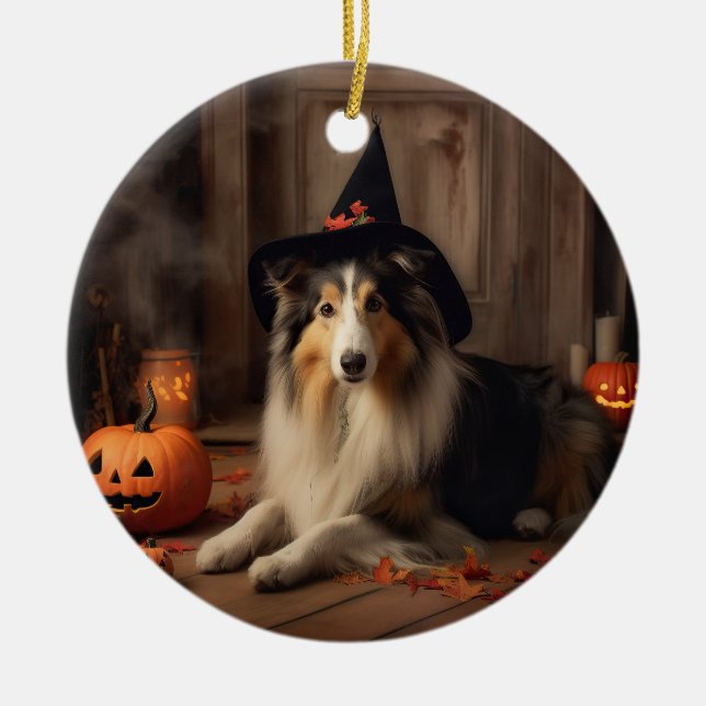 Shetland Sheepdog Pumpkins Halloween Scary  Ceramic Ornament (Front)