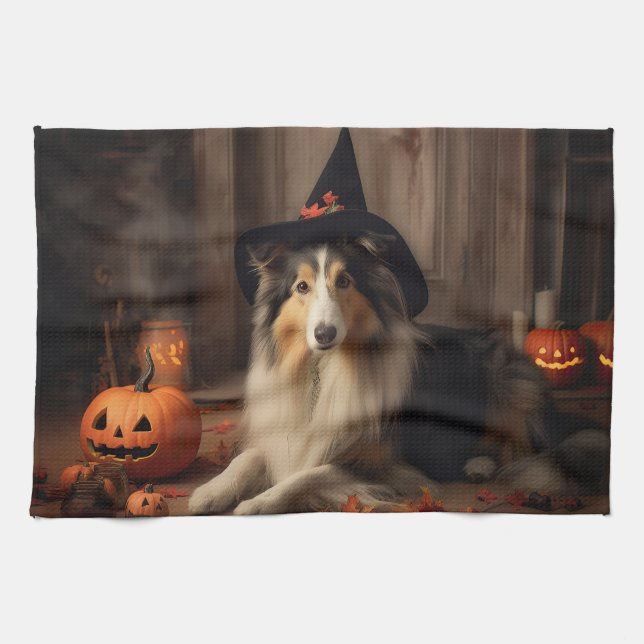 Shetland Sheepdog Pumpkins Halloween Scary  Kitchen Towel (Horizontal)