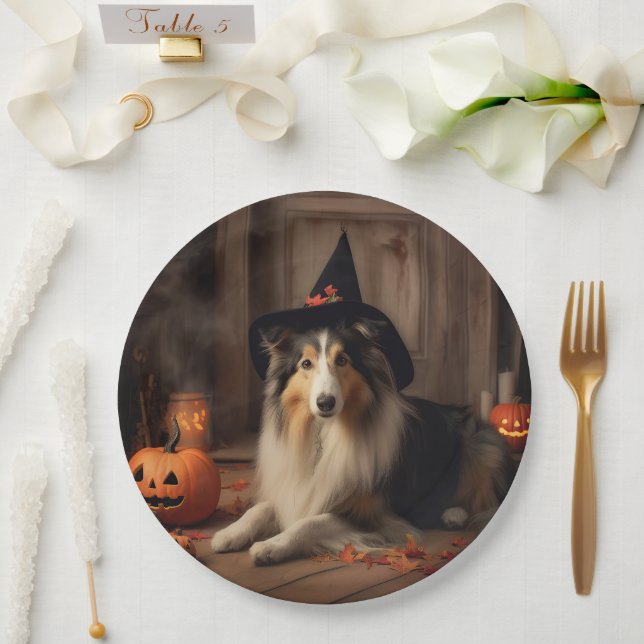 Shetland Sheepdog Pumpkins Halloween Scary  Paper Plates (Wedding)
