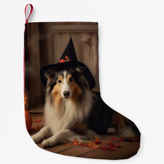Shetland Sheepdog Pumpkins Halloween Scary  Small Christmas Stocking (Front)