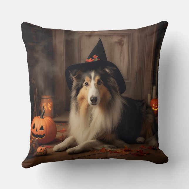 Shetland Sheepdog Pumpkins Halloween Scary  Throw Pillow (Back)