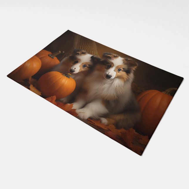 Shetland Sheepdog Puppy Autumn Delight Pumpkin  Doormat (Angled)