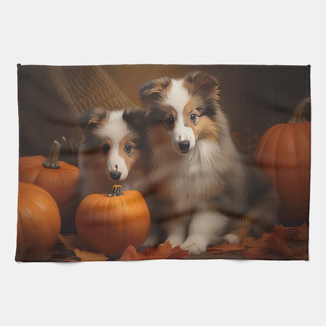 Shetland Sheepdog Puppy Autumn Delight Pumpkin  Kitchen Towel (Horizontal)
