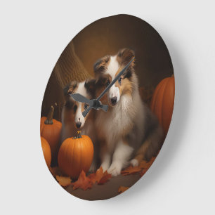 Shetland Sheepdog Puppy Autumn Delight Pumpkin  Large Clock