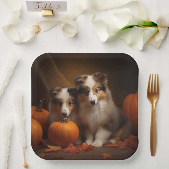 Shetland Sheepdog Puppy Autumn Delight Pumpkin  Paper Plates (Wedding)