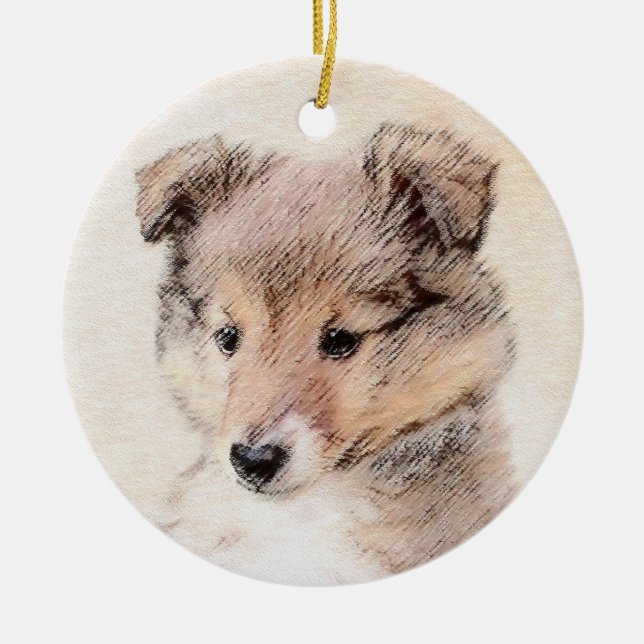 Shetland Sheepdog Puppy Painting Original Dog Art Ceramic Ornament (Front)