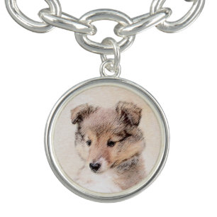 Shetland Sheepdog Puppy Painting Original Dog Art Charm Bracelet