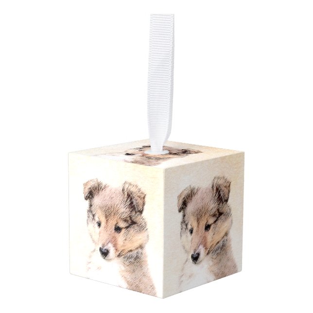 Shetland Sheepdog Puppy Painting Original Dog Art Cube Ornament (Front Angled)
