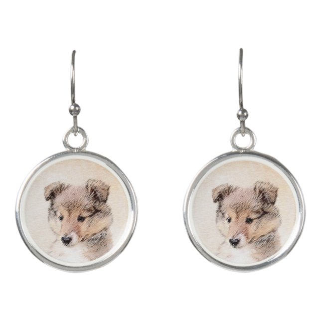 Shetland Sheepdog Puppy Painting Original Dog Art Earrings (Front)