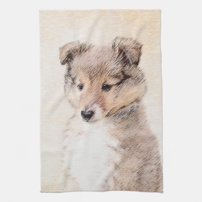 Shetland Sheepdog Puppy Painting Original Dog Art Kitchen Towel (Vertical)