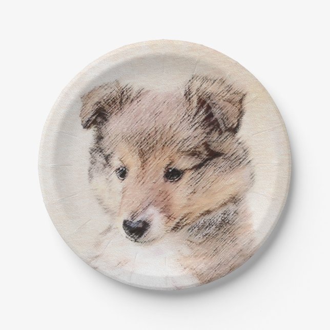 Shetland Sheepdog Puppy Painting Original Dog Art Paper Plates (Front)