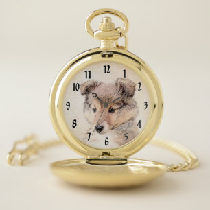 Shetland Sheepdog Puppy Painting Original Dog Art Pocket Watch