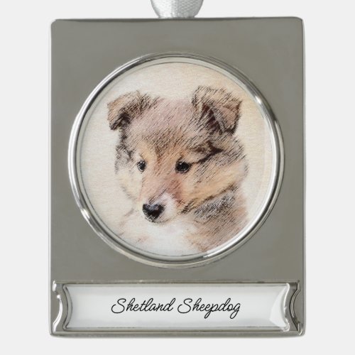 Shetland Sheepdog Puppy Painting Original Dog Art  Silver Plated Banner Ornament