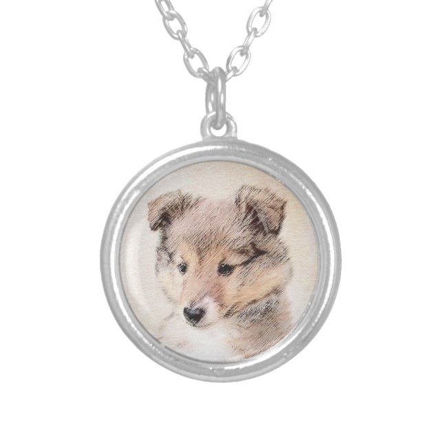 Shetland Sheepdog Puppy Painting Original Dog Art Silver Plated Necklace (Front)