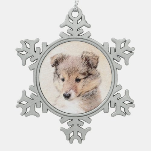 Shetland Sheepdog Puppy Painting Original Dog Art Snowflake Pewter Christmas Ornament