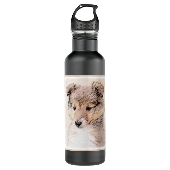 Shetland Sheepdog Puppy Painting Original Dog Art Stainless Steel Water Bottle (Front)