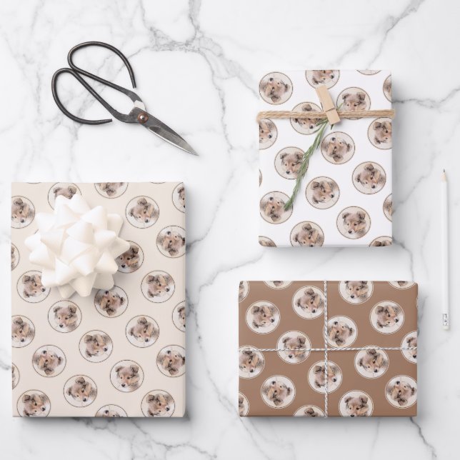 Shetland Sheepdog Puppy Painting Sheltie Dog Art Wrapping Paper Sheets (Front)