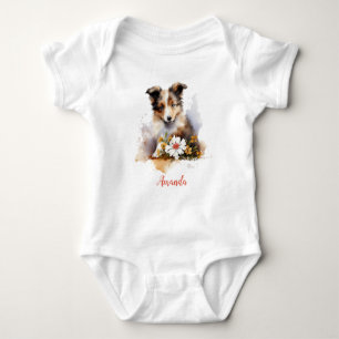 Shetland Sheepdog Puppy Pet Watercolor Flower Baby Bodysuit