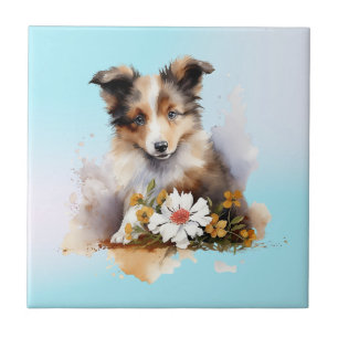 Shetland Sheepdog Puppy Pet Watercolor Flower Ceramic Tile