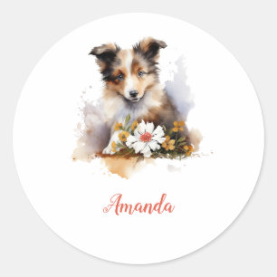 Shetland Sheepdog Puppy Pet Watercolor Flower Classic Round Sticker