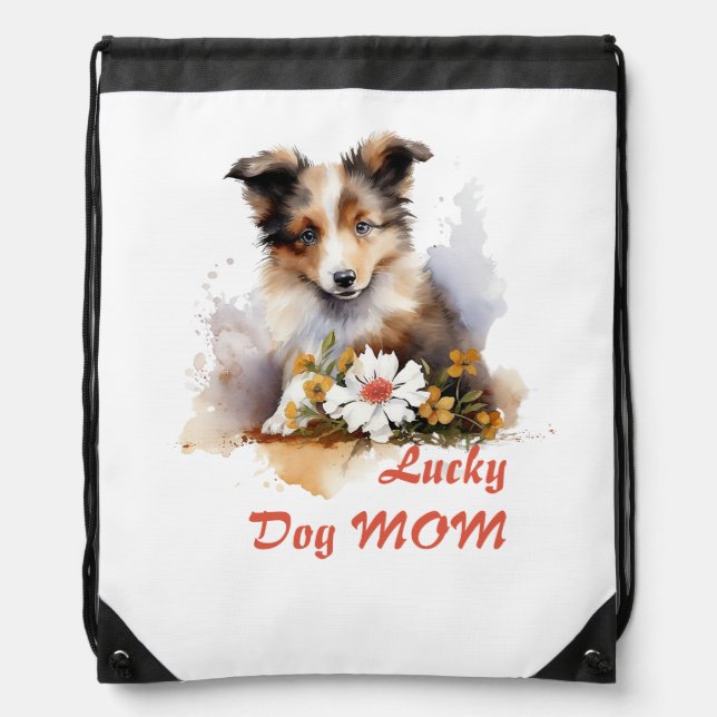 Shetland Sheepdog Puppy Pet Watercolor Flower Drawstring Bag (Front)