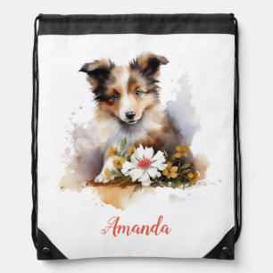 Shetland Sheepdog Puppy Pet Watercolor Flower Drawstring Bag