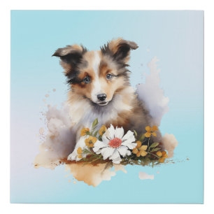 Shetland Sheepdog Puppy Pet Watercolor Flower Faux Canvas Print