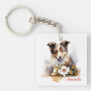 Shetland Sheepdog Puppy Pet Watercolor Flower Keychain