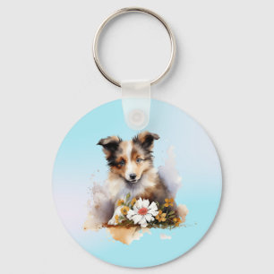 Shetland Sheepdog Puppy Pet Watercolor Flower Keychain