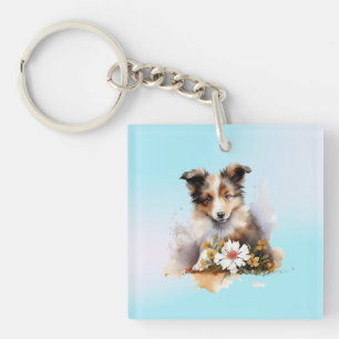Shetland Sheepdog Puppy Pet Watercolor Flower Keychain