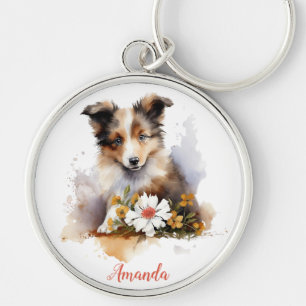 Shetland Sheepdog Puppy Pet Watercolor Flower Keychain