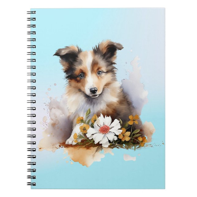 Shetland Sheepdog Puppy Pet Watercolor Flower Notebook (Front)