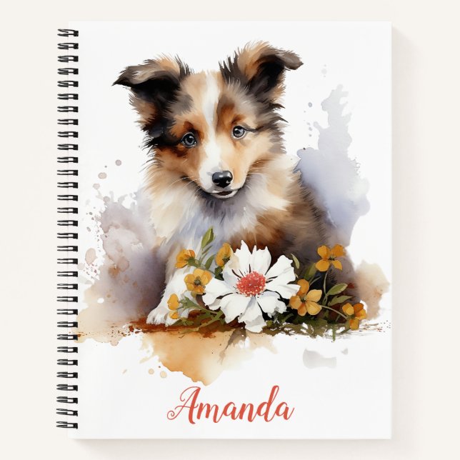 Shetland Sheepdog Puppy Pet Watercolor Flower Notebook (Front)