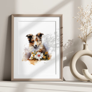 Shetland Sheepdog Puppy Pet Watercolor Flower Poster