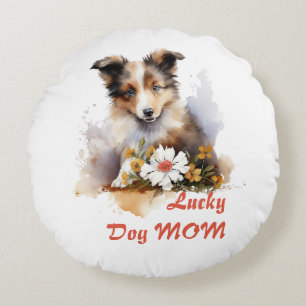 Shetland Sheepdog Puppy Pet Watercolor Flower Round Pillow