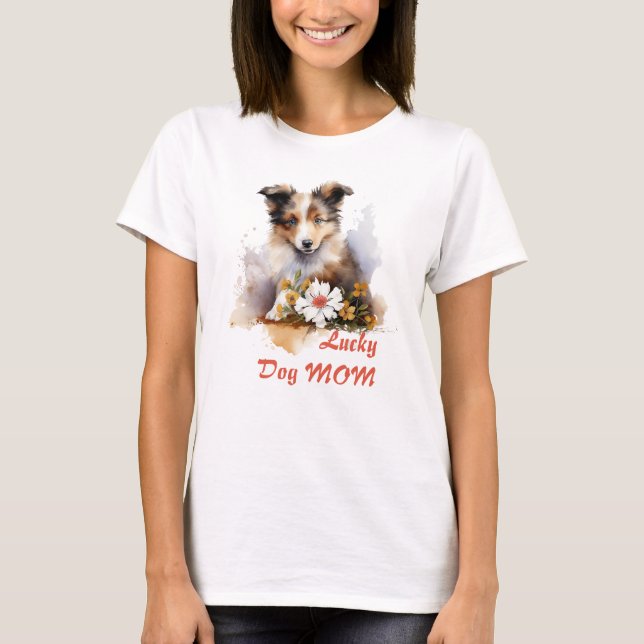 Shetland Sheepdog Puppy Pet Watercolor Flower T-Shirt (Front)