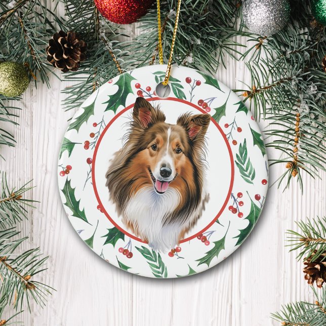 Shetland Sheepdog Red Berry Holly Border Ceramic Ceramic Ornament (Creator Uploaded)