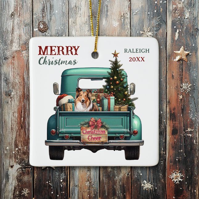 Shetland Sheepdog Retro Truck Christmas Ceramic Ornament (Creator Uploaded)