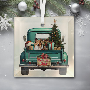 Shetland Sheepdog Retro Truck Christmas Glass Ornament