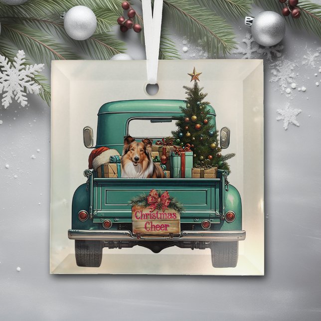 Shetland Sheepdog Retro Truck Christmas Glass Ornament (Creator Uploaded)
