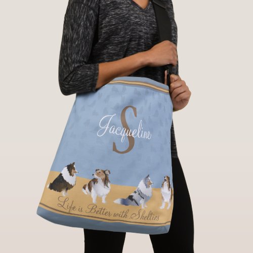 Shetland Sheepdog Row of Shelties on Blue Yellow Crossbody Bag