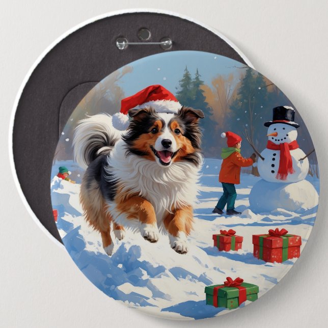 Shetland Sheepdog Running Snow With Christmas Hat Button (Front & Back)
