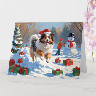 Shetland Sheepdog Running Snow With Christmas Hat Card