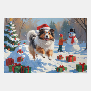 Shetland Sheepdog Running Snow With Christmas Hat Doormat