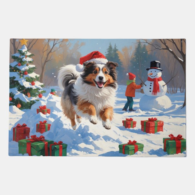 Shetland Sheepdog Running Snow With Christmas Hat Doormat (Front)