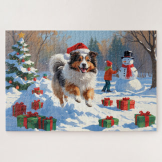 Shetland Sheepdog Running Snow With Christmas Hat Jigsaw Puzzle