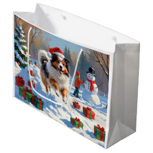 Shetland Sheepdog Running Snow With Christmas Hat Large Gift Bag