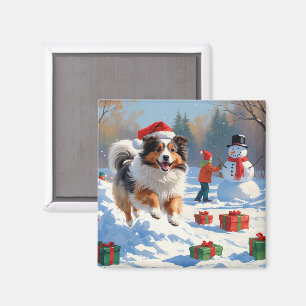 Shetland Sheepdog Running Snow With Christmas Hat Magnet
