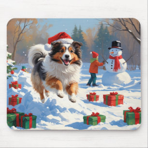 Shetland Sheepdog Running Snow With Christmas Hat Mouse Pad